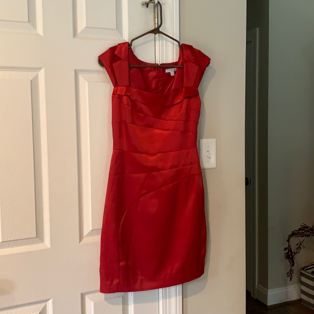 Red satin, cocktail dress.